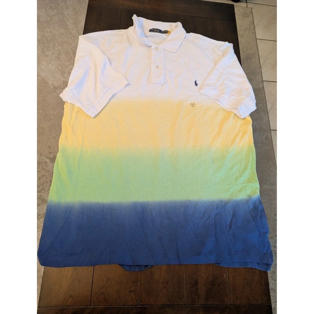 Polo Ralph Lauren Men's Classic Fit Dip Dye Polo White Yellow Green Blue XLT